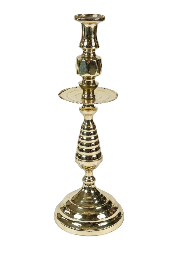 Antique Large Brass Candleholder with Beehive Pattern and "pie crust" edged wax catcher details c. 1850-1900. Newly polished.