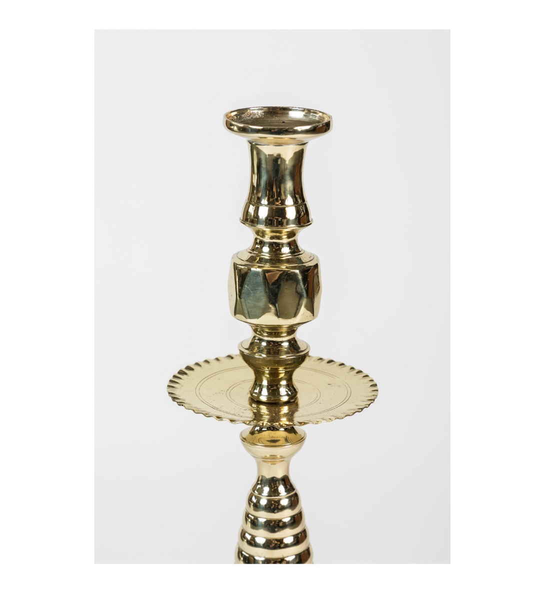 Antique Large Brass Candleholder with Beehive Pattern and "pie crust" edged wax catcher details c. 1850-1900. Newly polished.