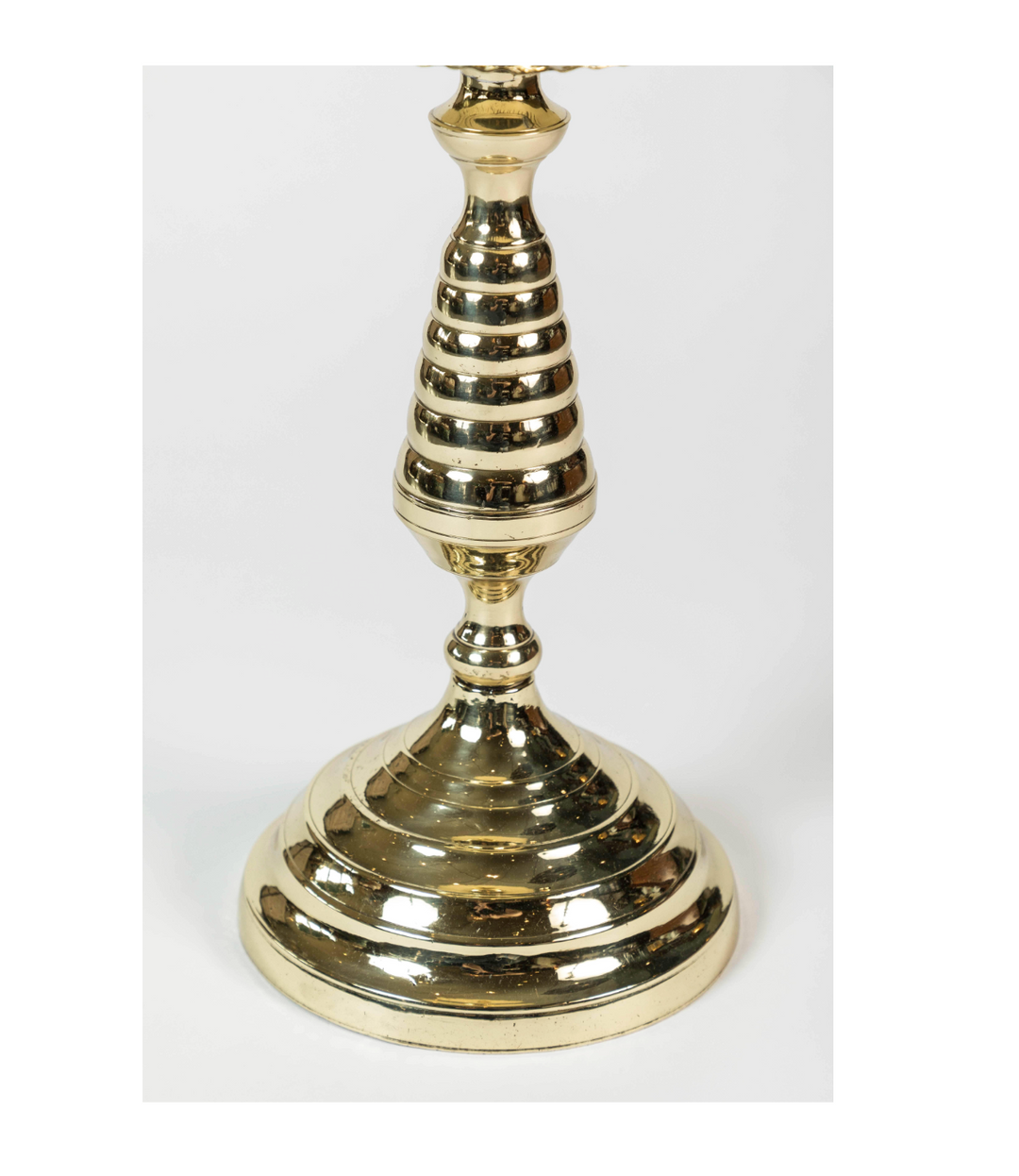 Antique Large Brass Candleholder with Beehive Pattern and "pie crust" edged wax catcher details c. 1850-1900. Newly polished.