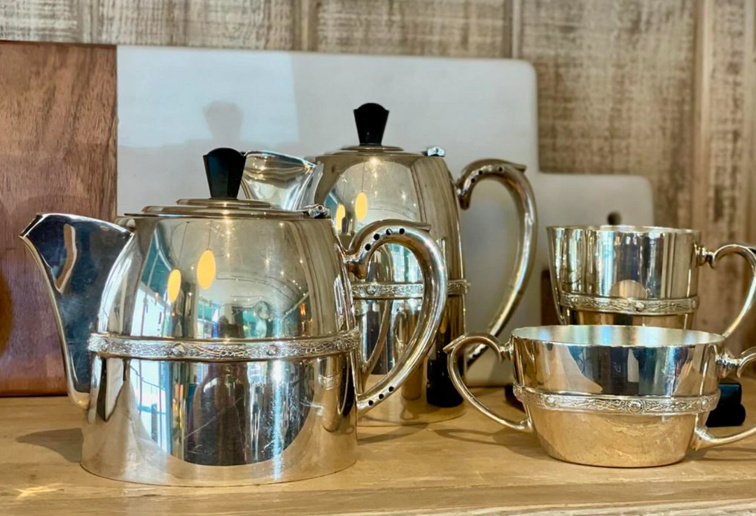 Vintage Art Deco Silver Plate Coffee and Tea Set w/ Black Resin Finials