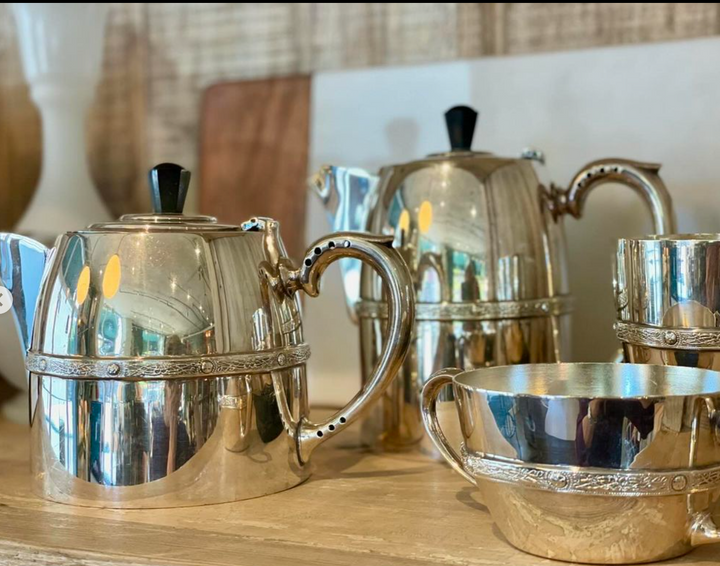 Vintage Art Deco Silver Plate Coffee and Tea Set w/ Black Resin Finials