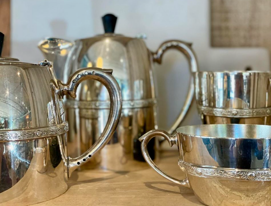 Vintage Art Deco Silver Plate Coffee and Tea Set w/ Black Resin Finials