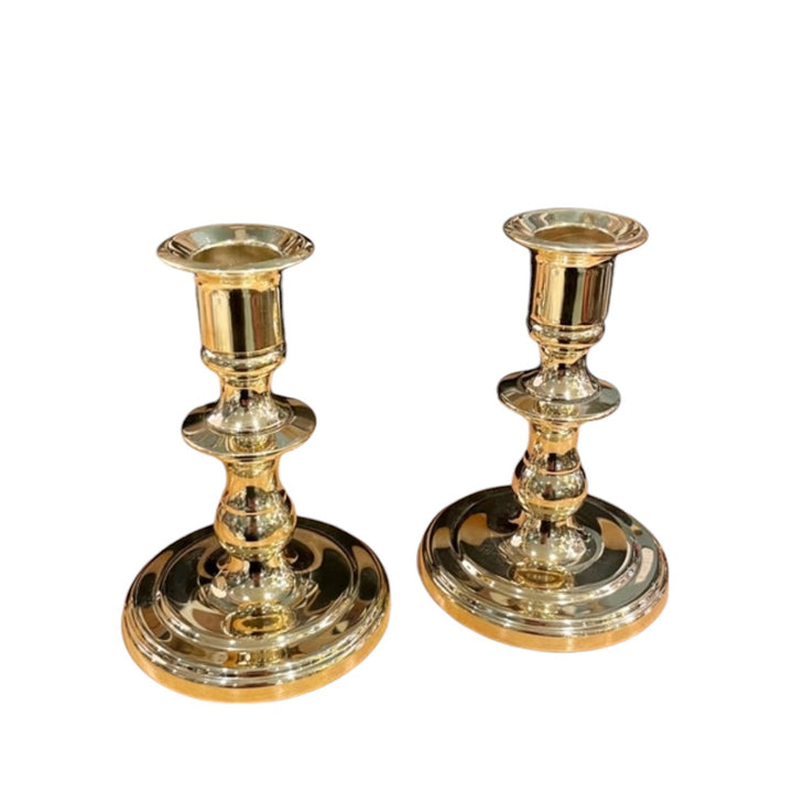 Vintage Short Turned Brass Candlesticks, Newly Polished | Pair