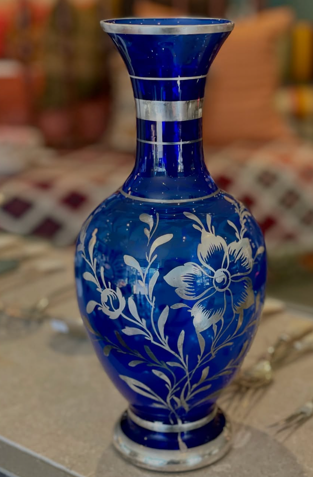 Vintage Urn Shaped Blue Glass Vase w/ Sterling Overlay