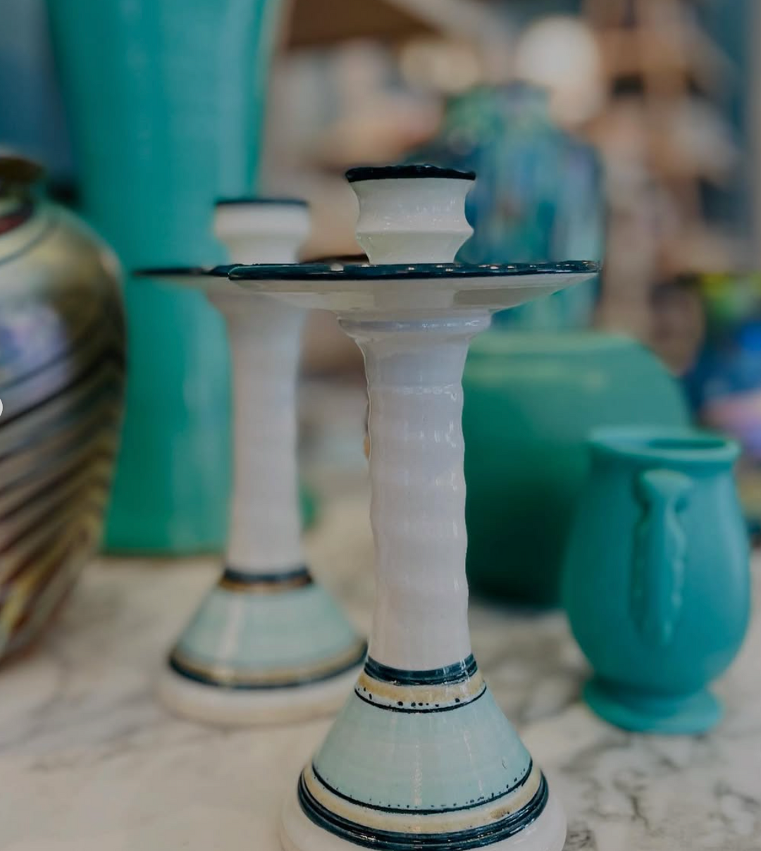 Vintage Striped Pottery Candlesticks with Drip Catcher| Pair