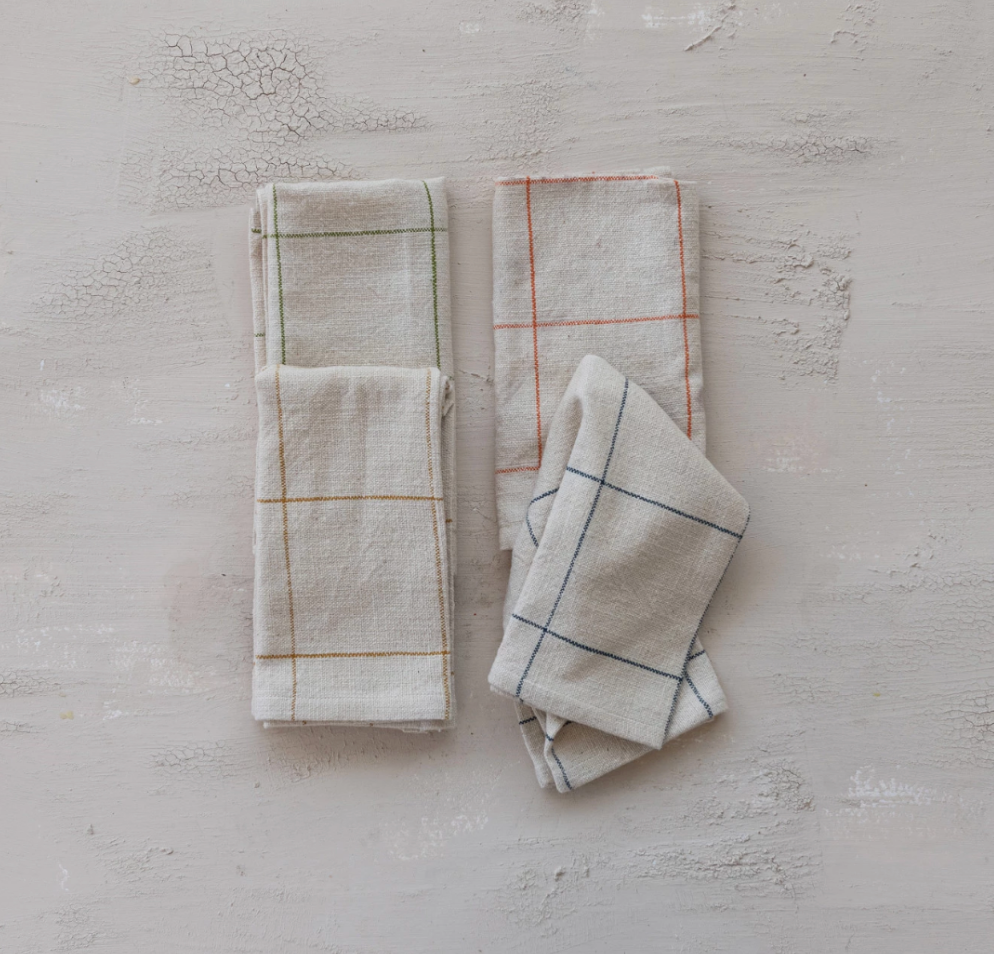 Woven Cotton Napkins with Grid Pattern, Blue | Set of 4