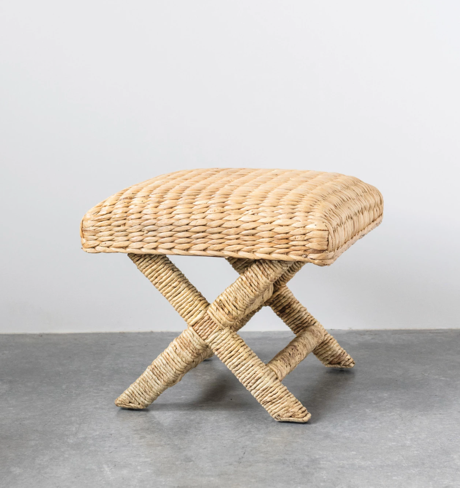 Woven Water Hyacinth & Wood Stool