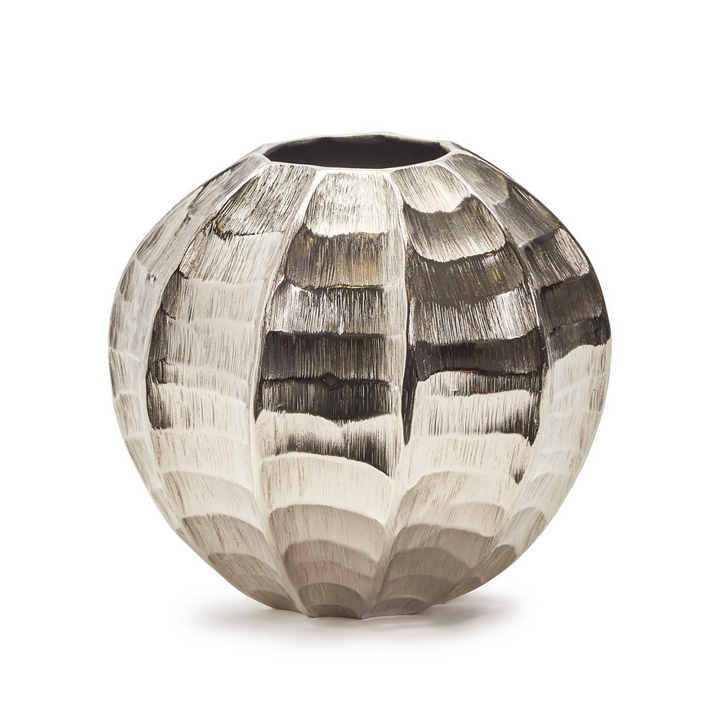 9" Hammered & Etched Silver Round Vase
