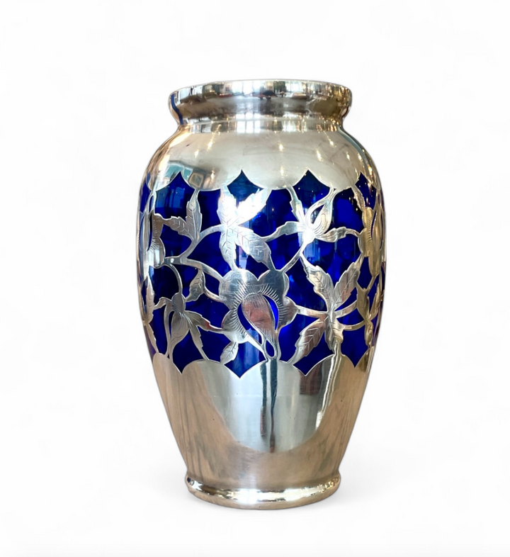 Vintage Cobalt Blue Glass Vase w/ Sterling Overlay