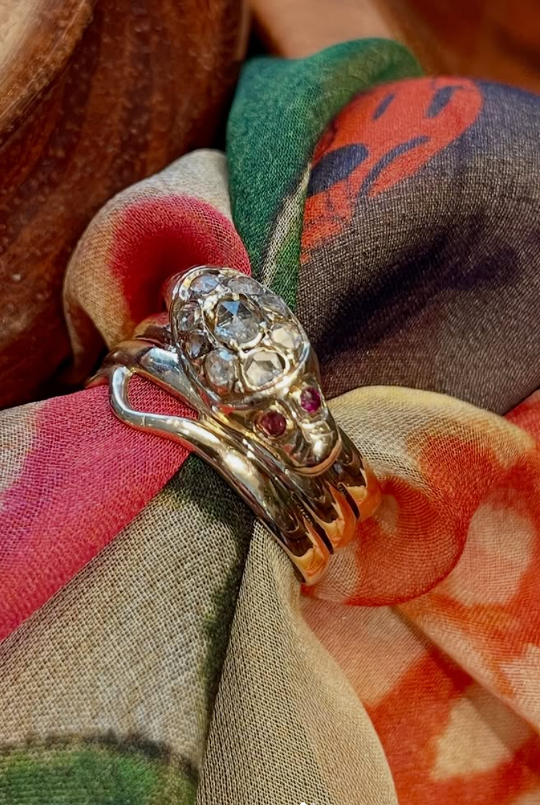 Victorian Gold Snake Engagement Ring w/Diamonds + Ruby Eyes