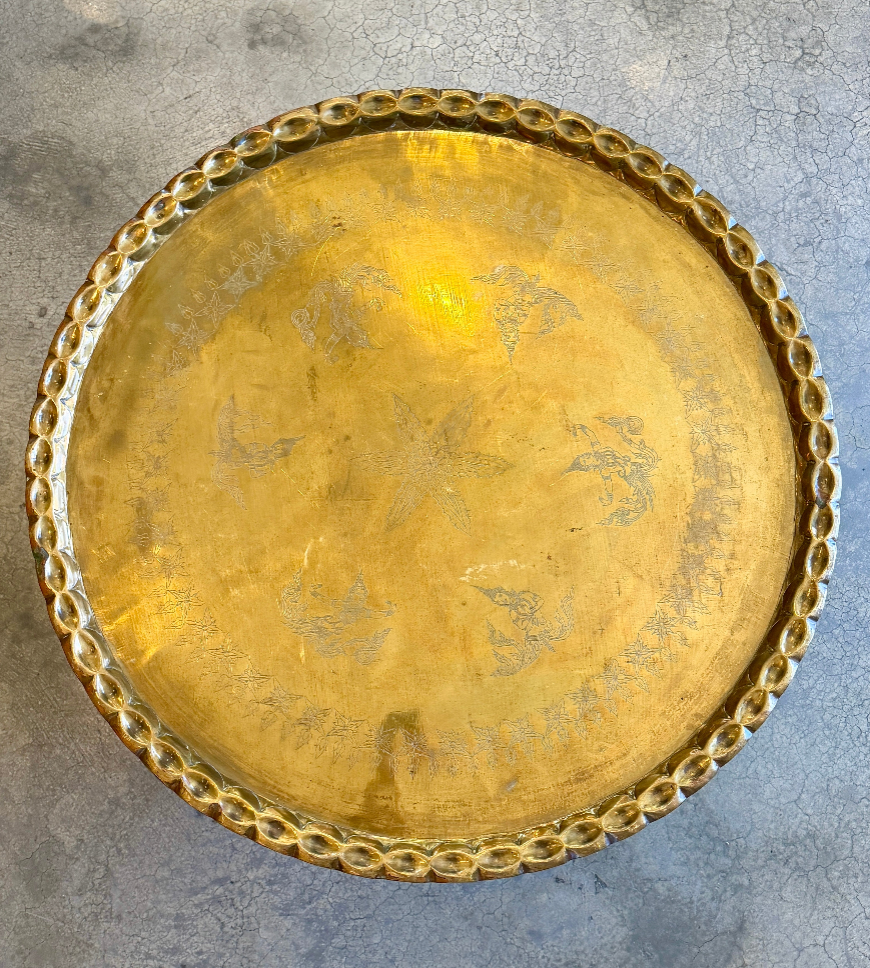 Mid-Century Round Brass Tray Table w/ Walnut Spider Folding Base