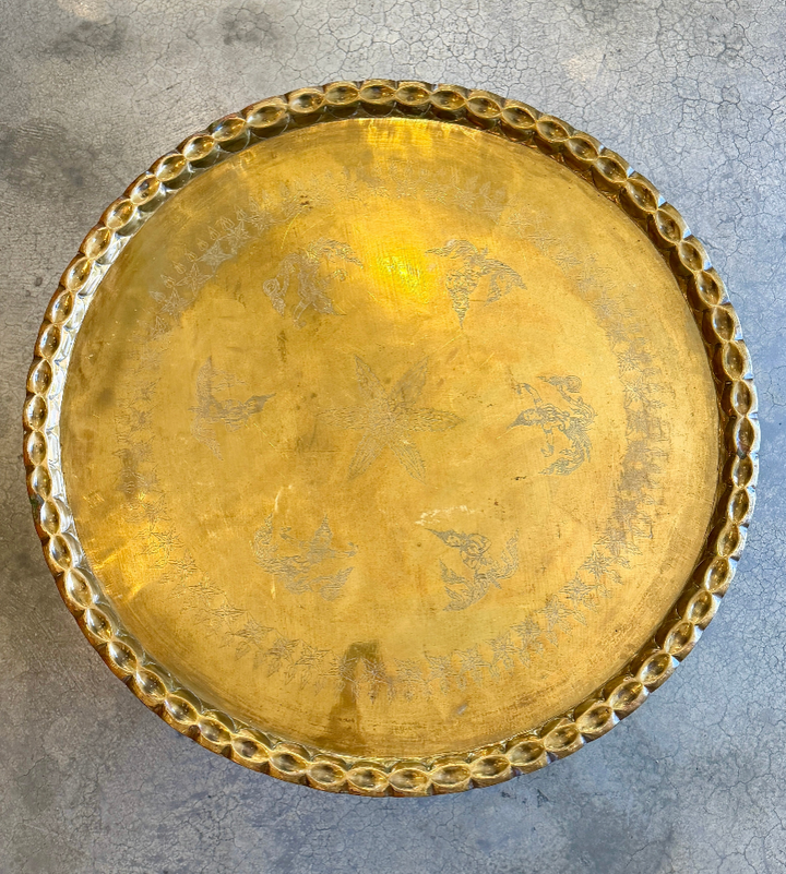 Mid-Century Round Brass Tray Table w/ Walnut Spider Folding Base