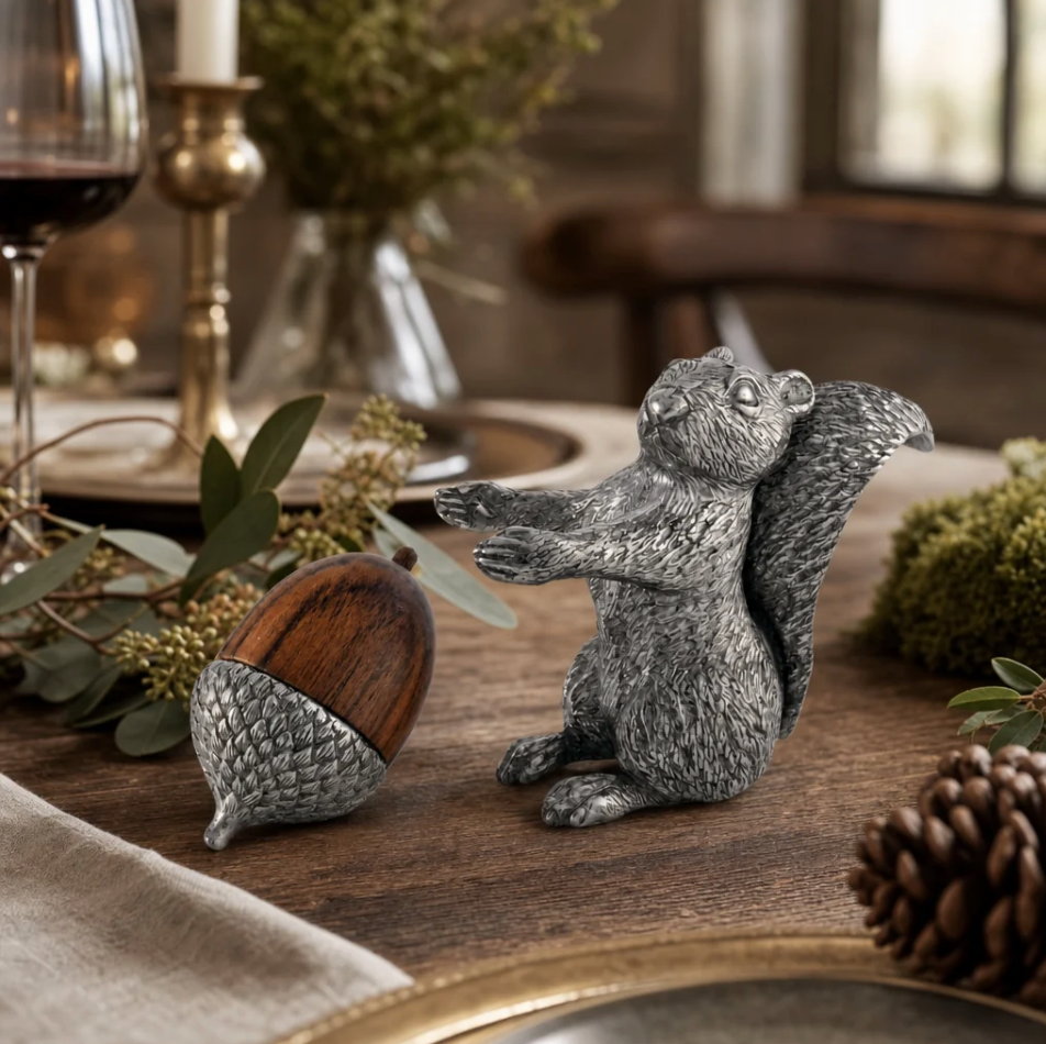 Vagabond - Pewter Squirrel with Wood Acorn Salt & Pepper Shakers