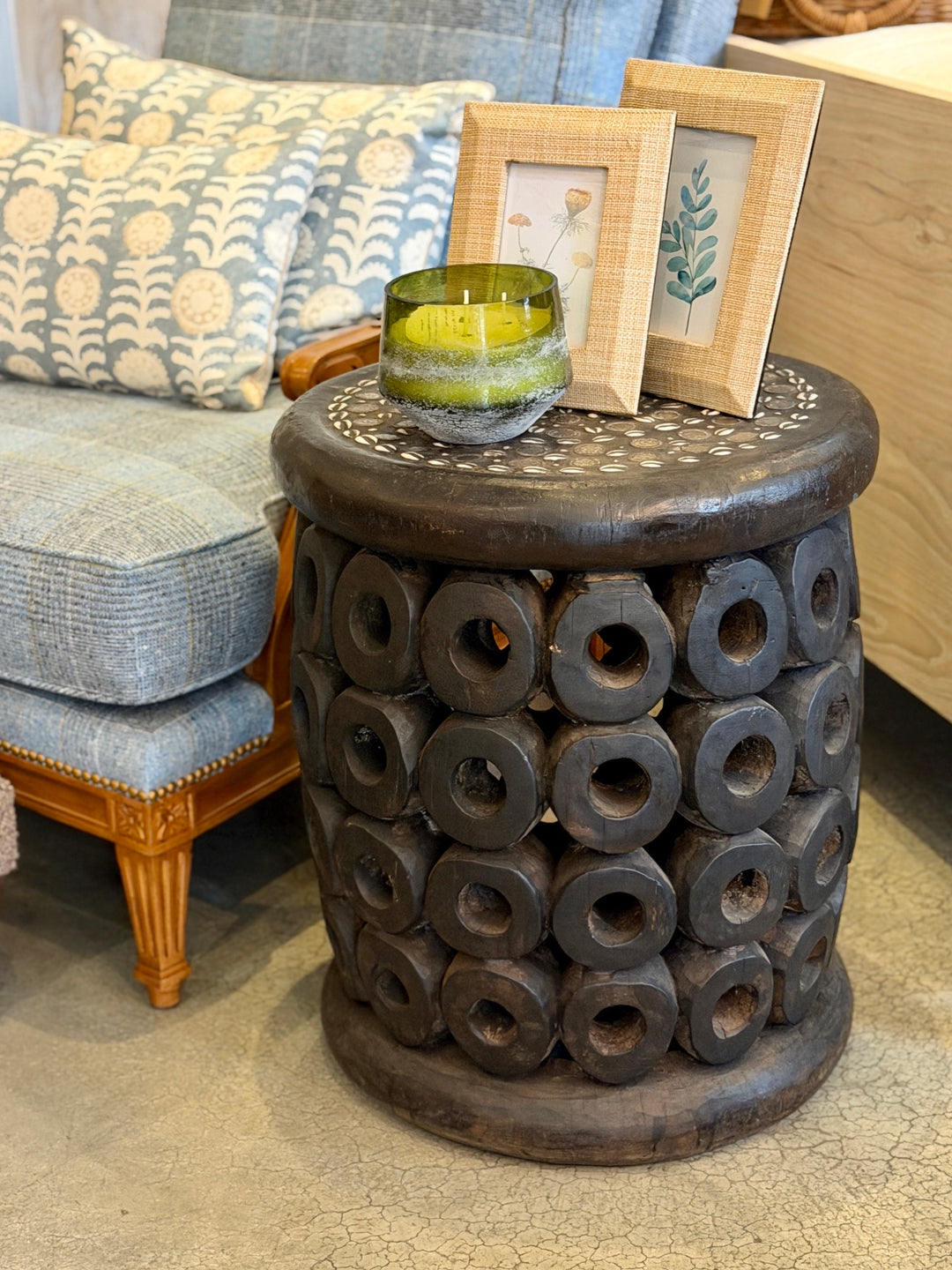 Hand-Carved  + Inlaid Wood Stool / Table,  Africa