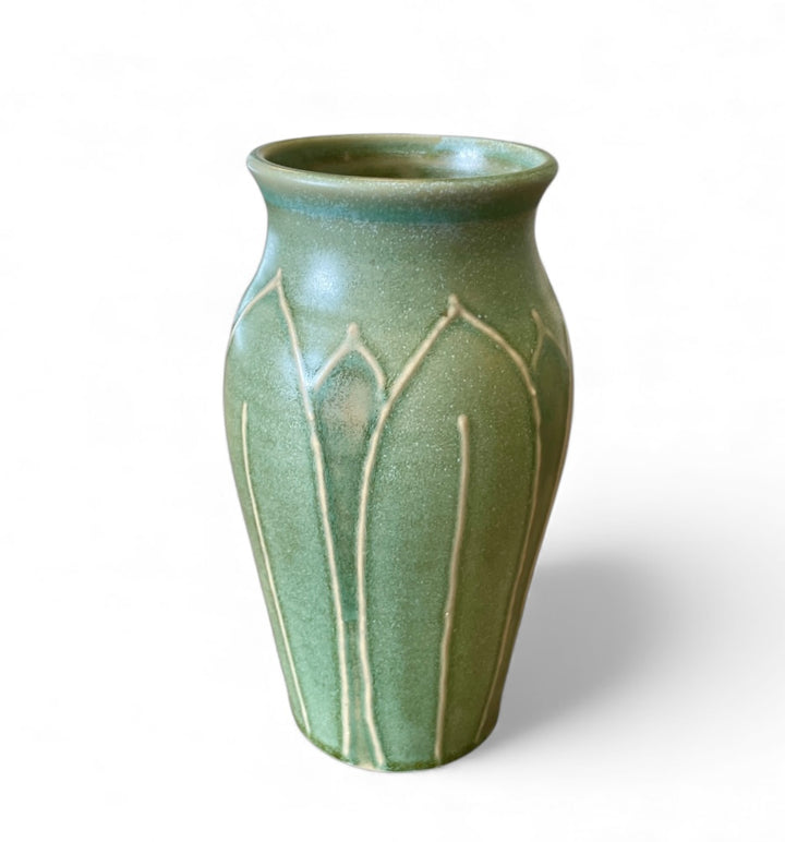 Vintage Arts + Crafts Matte Green Glaze Vase w/Leaf Relief Design, Signed by Artist