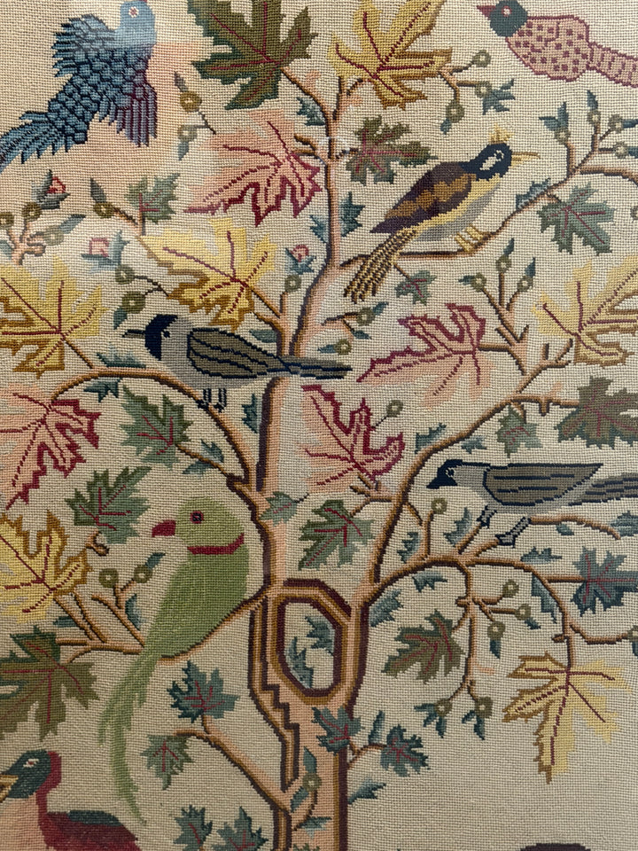 Vintage Wool Needlepoint Panel of Birds in a Tree, Newly Framed