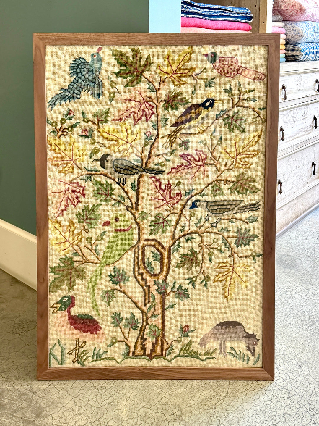 Vintage Wool Needlepoint Panel of Birds in a Tree, Newly Framed