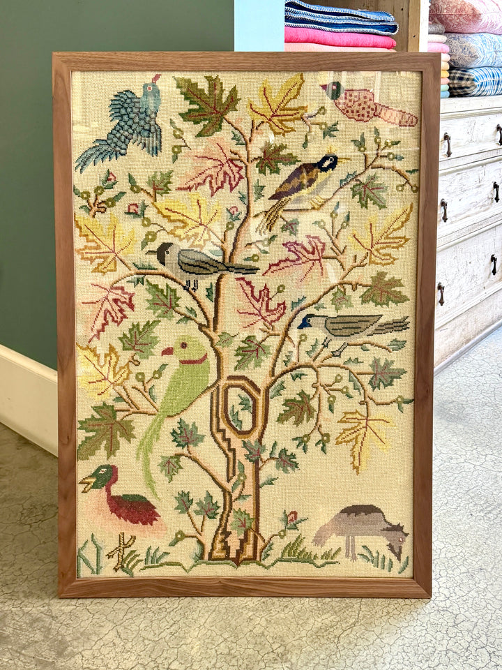 Vintage Wool Needlepoint Panel of Birds in a Tree, Newly Framed