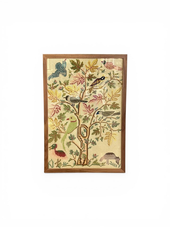 Vintage Wool Needlepoint Panel of Birds in a Tree, Newly Framed