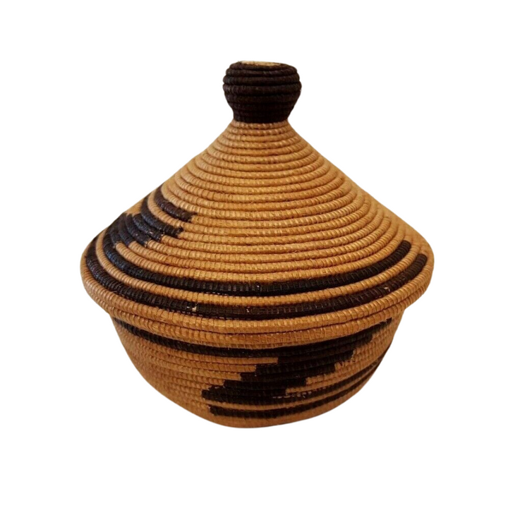 VIntage Hand Woven Round African Basket w/ Attached Lid