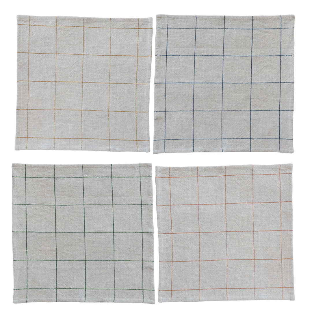 Woven Cotton Napkins with Grid Pattern, Blue | Set of 4