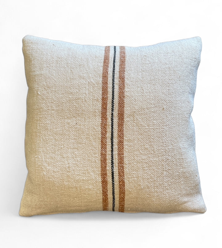 Custom 18" x 18" Pillow made from Vintage Linen Grain Sack w/Umber + Black Stripe