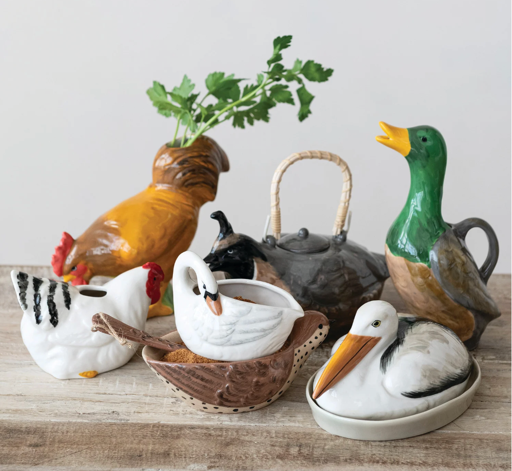 24 oz. Hand-Painted Stoneware Quail Shaped Teapot w/ Rattan Wrapped Handle