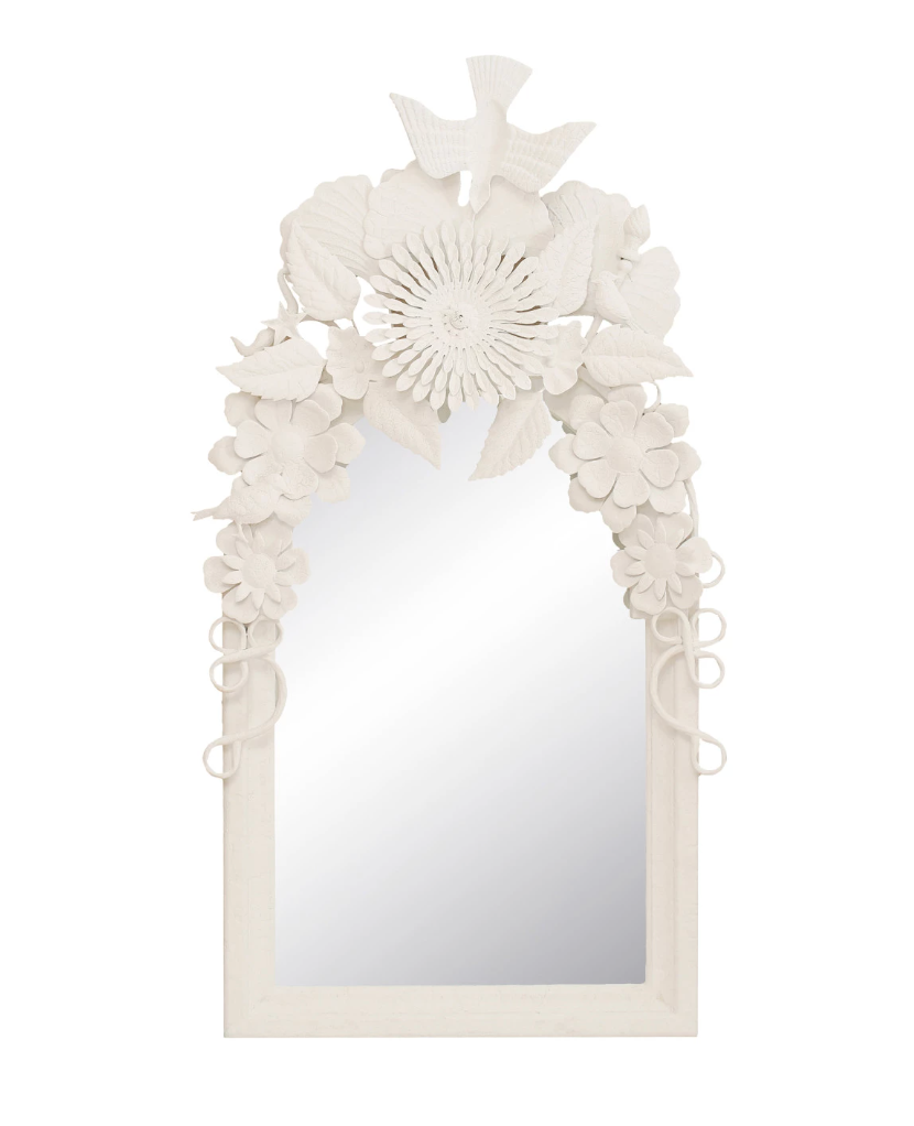Wood Framed Wall Mirror w/ Embossed Metal Flowers & Birds