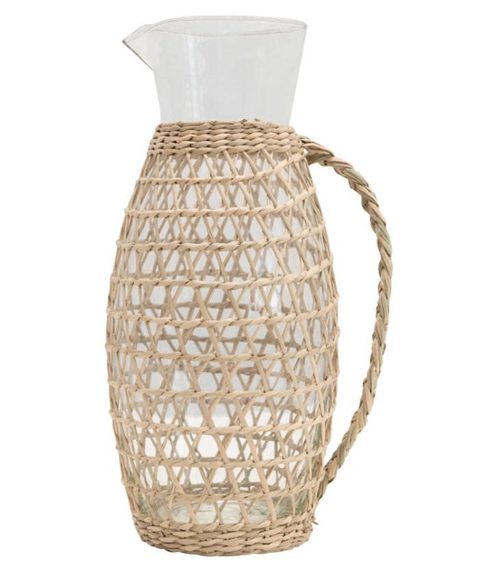 Glass Pitcher with Woven Seagrass Sleeve