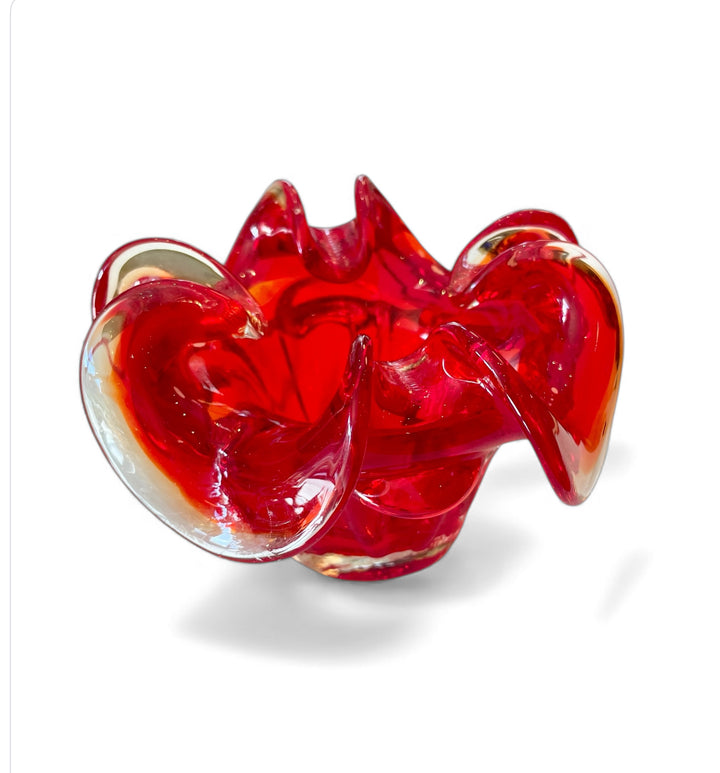 Vintage Hand Blown Red Glass Candy Dish with a Petal Rim