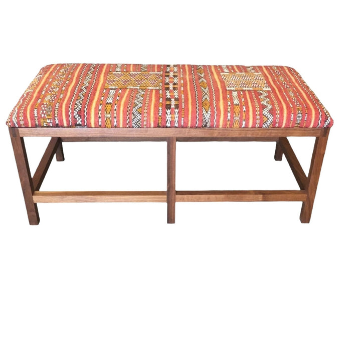 Custom Walnut Bench Newly Upholstered in Vintage Turkish Textile