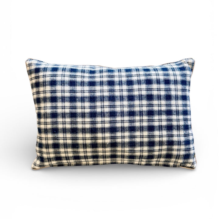 Custom 12" x 18" Pillow made from Vintage Handspun French Linen | Blue + White Check