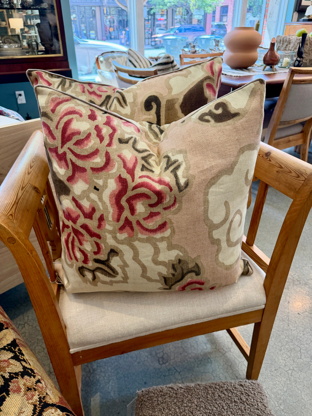 Custom 21" x 21" Pillow in a Pink, Brown + Cream Abstract Floral Linen/Cotton Blend