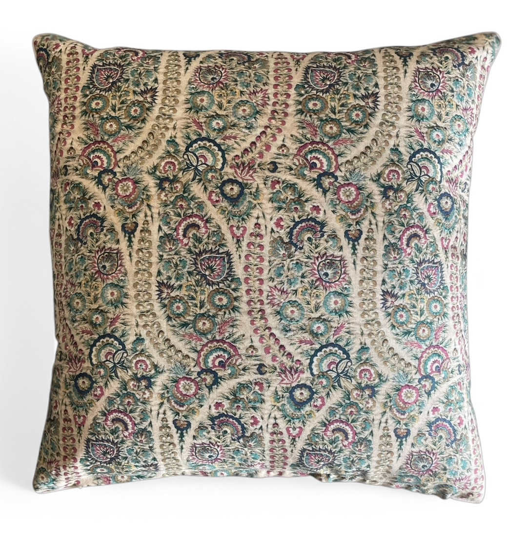 Custom 21" x 21" Pillow made from a Multi-Colored Floral Printed on Flax linen, Italy