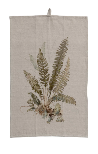 Cotton & Linen Printed Tea Towel w/ Botanical Image & Loop | C