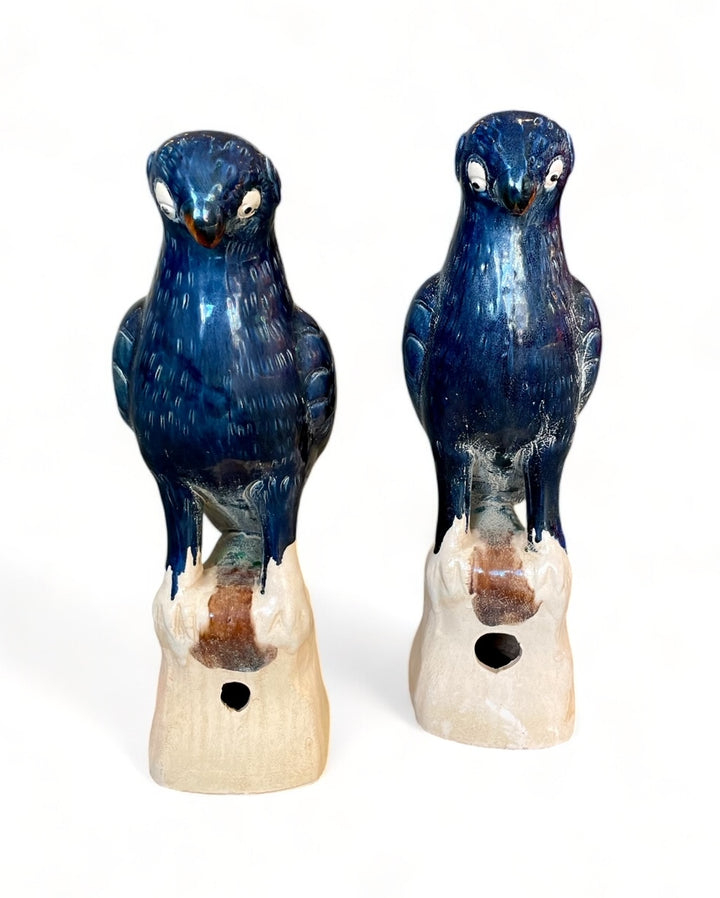 Reproduction Large Chinese Parrot Roof Tiles with Indigo Glaze | Pair