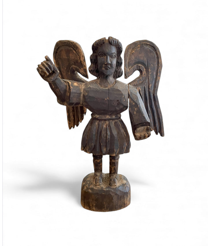 Antique Hand Carved Wood Standing Angel Statue