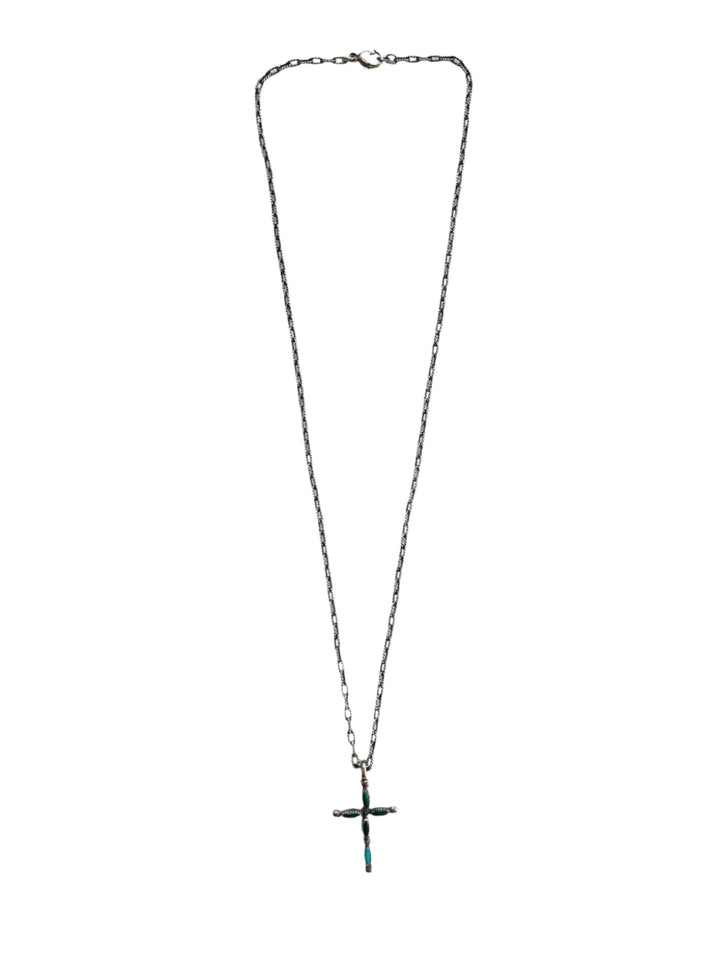 Vintage Small Sterling Silver + Turquoise Cross Necklace on New 16" Sterling Chain