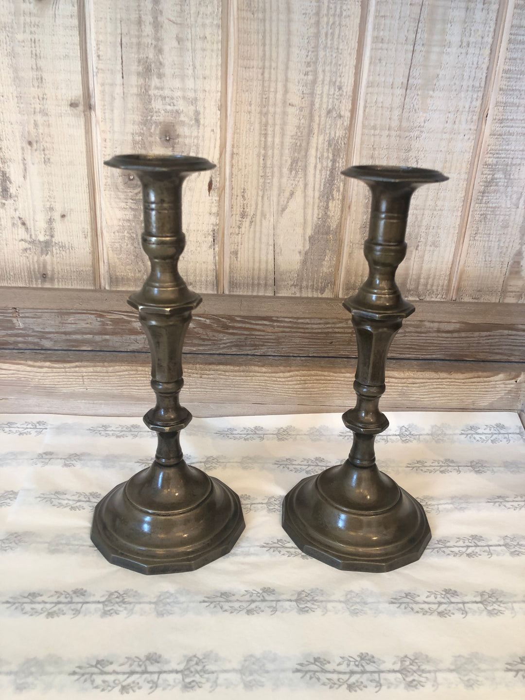 Vintage Turned Brass Candlesticks w/ Bronze Patina | Pair