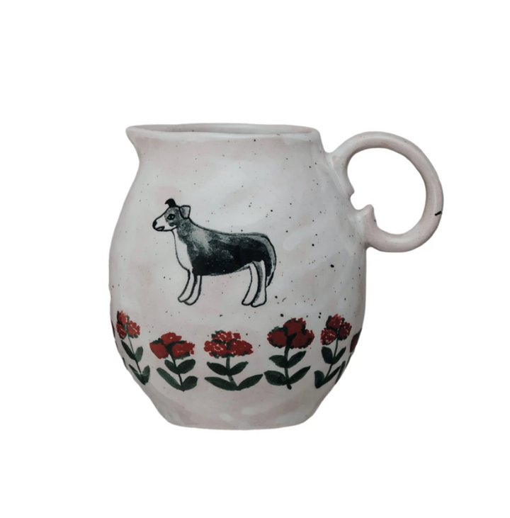 10 oz. Hand-Painted Stoneware Creamer w/ Dog + Flowers