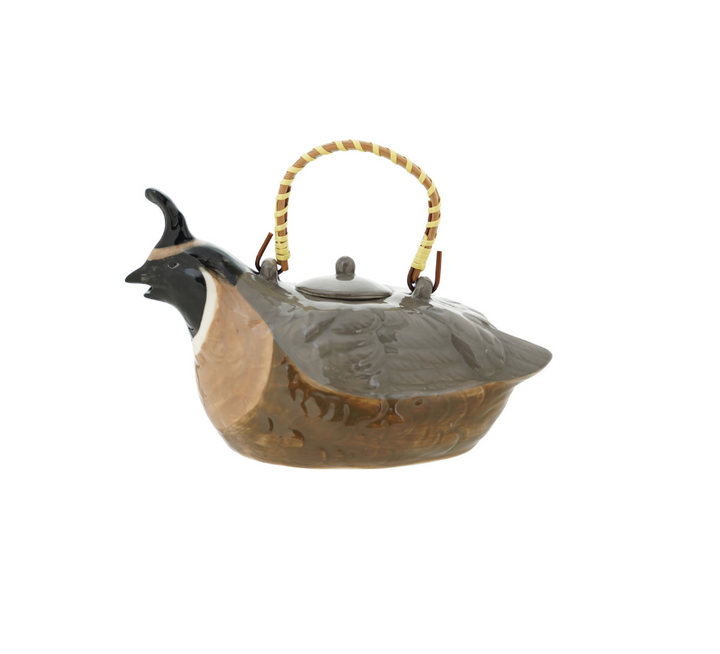 24 oz. Hand-Painted Stoneware Quail Shaped Teapot w/ Rattan Wrapped Handle