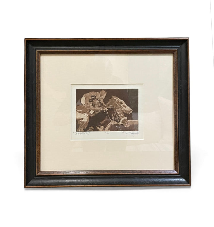 Vintage Sepia Etching of 2 Jockeys on Horseback 'Photo Finish, Signed by Artist