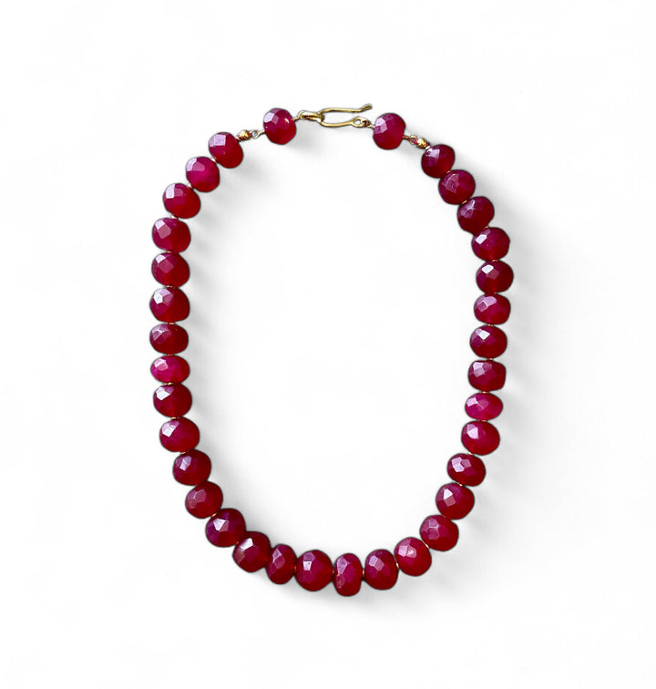 Handcrafted 18" Faceted Ruby Glass Bead Necklace w/ Brass Spacer Beads + Closure, Morocco