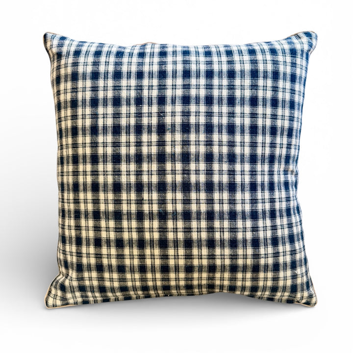 Custom 21" x 21" Pillow made from Vintage Handspun French Linen | Blue + White Check