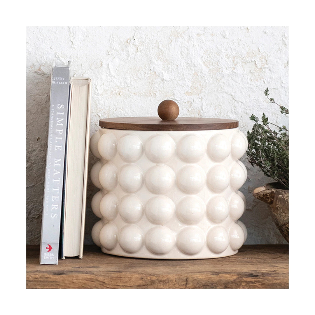 Stoneware Canister w/ Raised Dots & Acacia Wood Lid | A