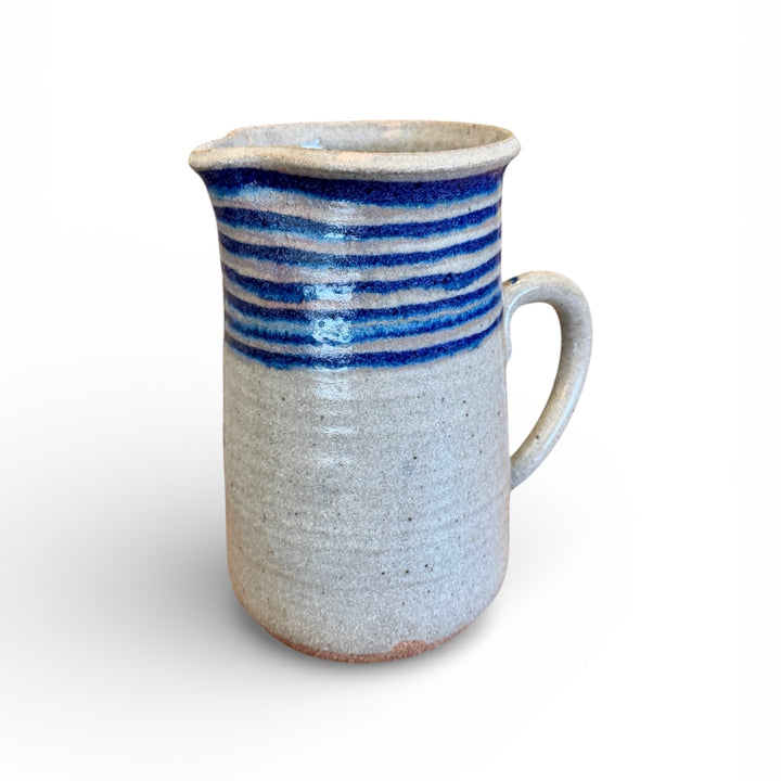 Vintage Hand Thrown Stoneware Pitcher w/ Grey Glaze + Indigo Blue Stripes