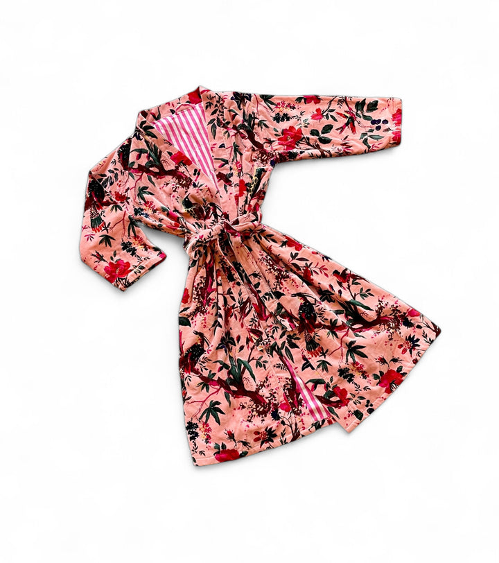 Custom Hand Printed Cotton Velvet Robe | Pale Pink Bird