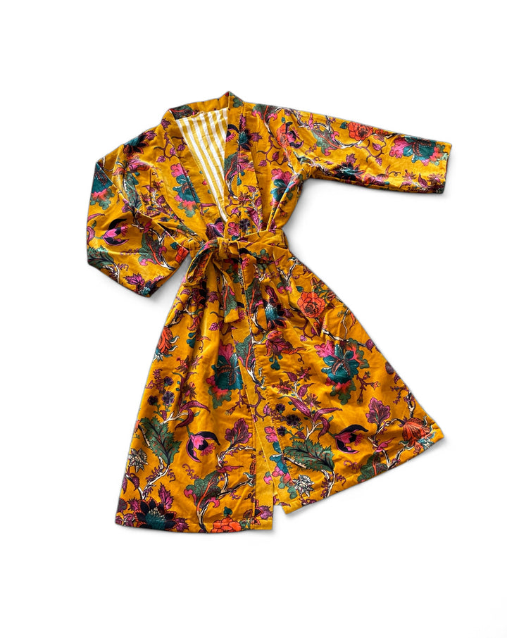 Custom Hand Printed Cotton Velvet Robe | Tumeric Flower