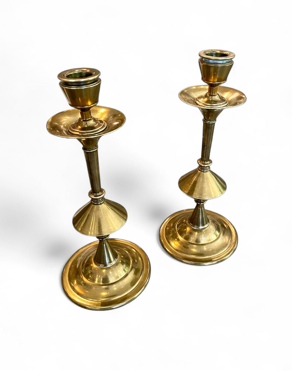 Vintage Brass Candlesticks w/ Drip Catcher | Pair