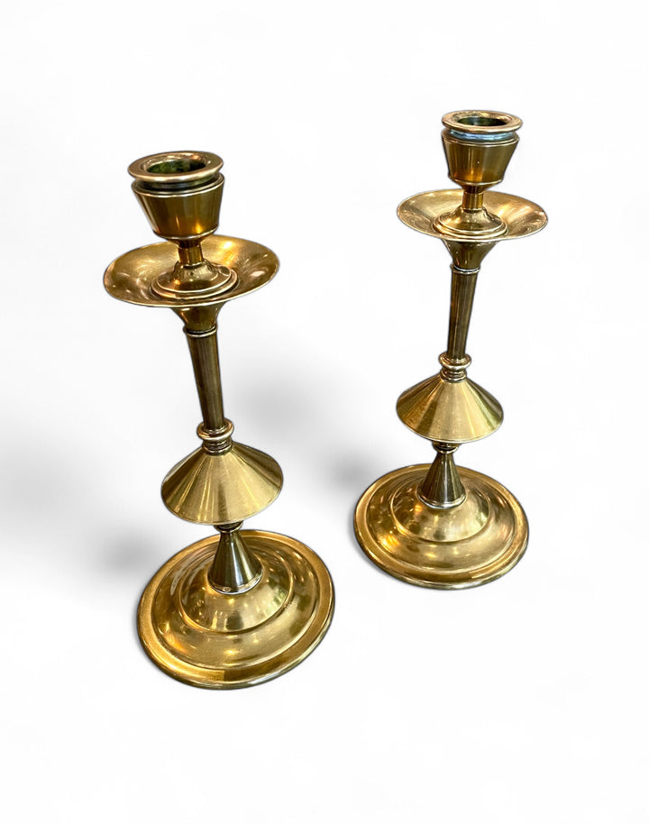 Vintage Brass Candlesticks w/ Drip Catcher | Pair